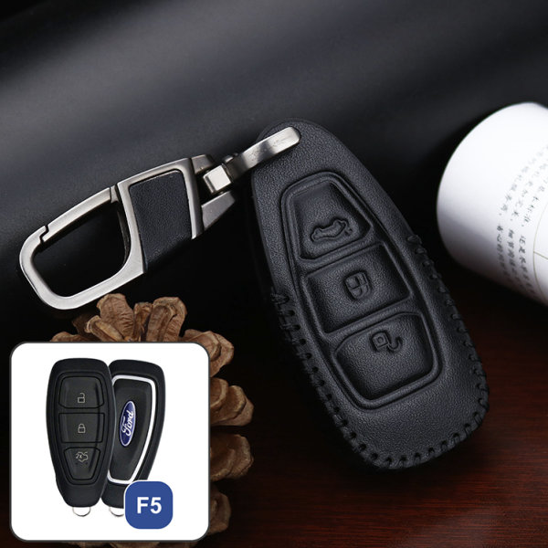 Leder Schlüssel Cover passend für Ford Schlüssel F5 schwarz/schwarz