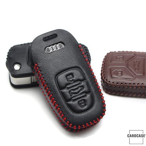 Leder Schlüssel Cover passend für Audi Schlüssel AX4 schwarz/rot
