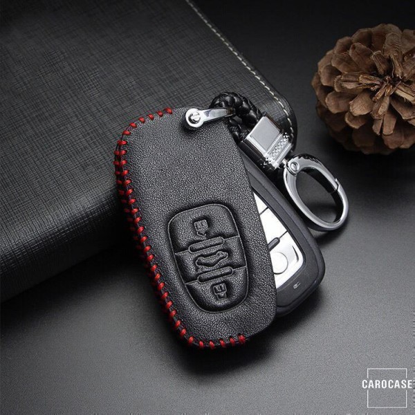Premium Leder Schlüsselhülle / Schutzhülle (LEK18) passend für Audi Schlüssel inkl. Karabiner in der passenden Farbe - schwarz/rot