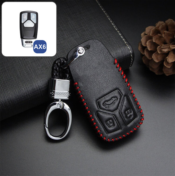 Coque de protection en cuir pour voiture Audi clé télécommande AX6 noir/rouge