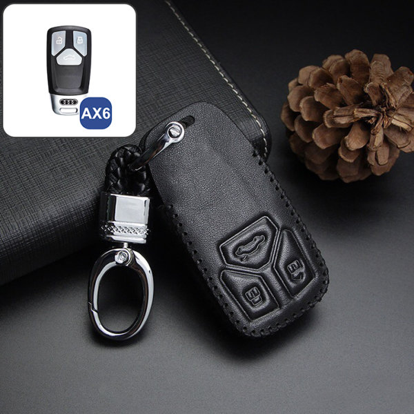 Coque de protection en cuir pour voiture Audi clé télécommande AX6 noir/noir