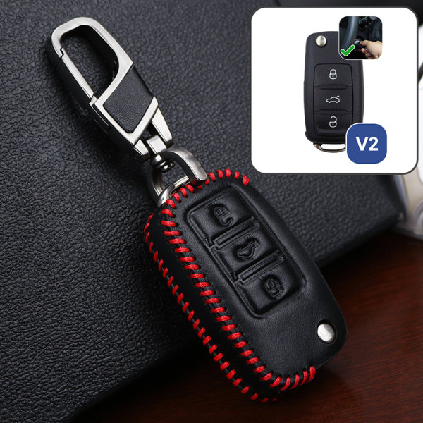 Leather key fob cover case fit for Volkswagen, Skoda, Seat V2 remote key black/red