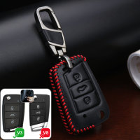 Leather key fob cover case fit for Volkswagen, Audi, Skoda, Seat V3, V3X remote key black/red