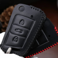 Coque de protection en cuir pour voiture Volkswagen, Audi, Skoda, Seat clé télécommande V3, V3X noir/rouge