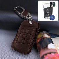 Leather key fob cover case fit for Volkswagen, Skoda, Seat V4 remote key brown