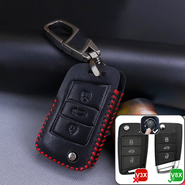 Leather key fob cover case fit for Volkswagen V8X remote key black/red