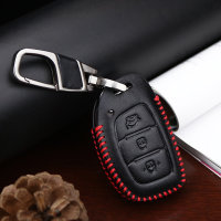 Leather key fob cover case fit for Hyundai D2 remote key black/red