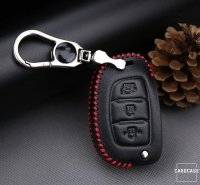 Leder Schlüssel Cover passend für Hyundai Schlüssel D7 schwarz/rot