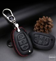 Leder Schlüssel Cover passend für Hyundai Schlüssel D7 schwarz/rot