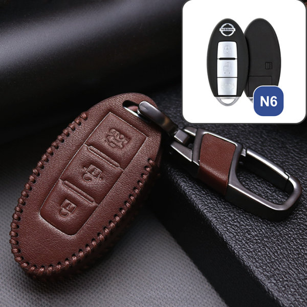 Leather key fob cover case fit for Nissan N6 remote key brown