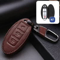 Leather key fob cover case fit for Nissan N7 remote key brown