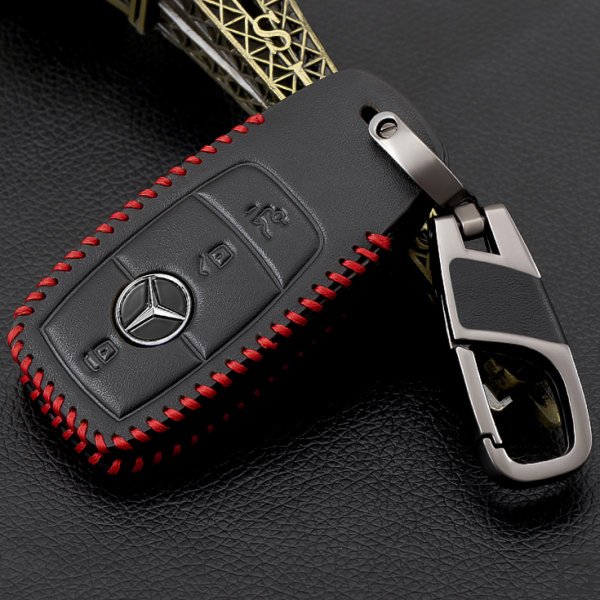 Leather key fob cover case fit for Mercedes-Benz M9 remote key black/red