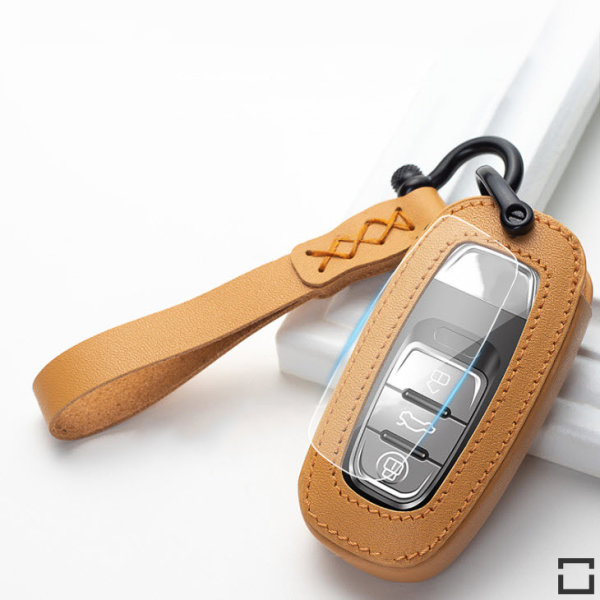 Leder Schlüssel Cover inkl. Lederband & Karabiner passend für Audi Schlüssel braun LEK53-AX4-2