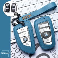Leather key fob cover case fit for BMW B4, B5 remote key blue