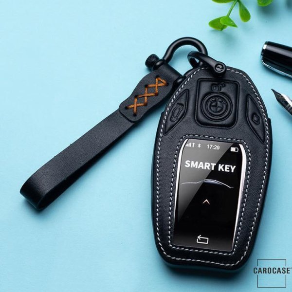Leder Schlüssel Cover inkl. Lederband & Karabiner passend für BMW Schlüssel schwarz LEK53-B8-1