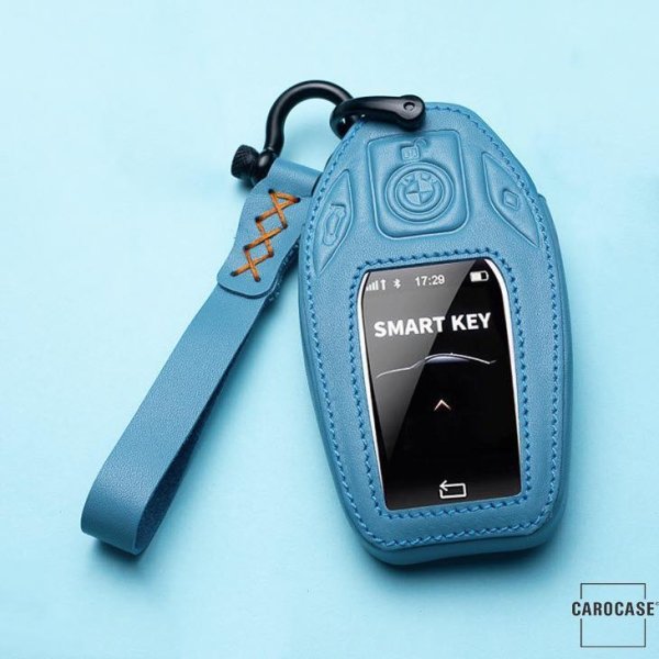 Leder Schlüssel Cover inkl. Lederband & Karabiner passend für BMW Schlüssel blau LEK53-B8-4