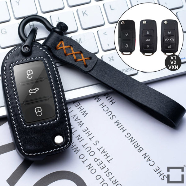 Leather key cover (LEK53) for Volkswagen, Skoda, Seat keys incl. keyring hook + leather keychain - black