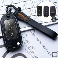 Premium Leder Schlüsselhülle / Schutzhülle (LEK53) passend für Volkswagen, Skoda, Seat Schlüssel inkl. Karabiner + Lederband - schwarz
