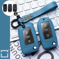 Premium Leder Schlüsselhülle / Schutzhülle (LEK53) passend für Volkswagen, Skoda, Seat Schlüssel inkl. Karabiner + Lederband - blau