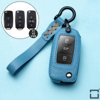 Premium Leder Schlüsselhülle / Schutzhülle (LEK53) passend für Volkswagen, Skoda, Seat Schlüssel inkl. Karabiner + Lederband - blau