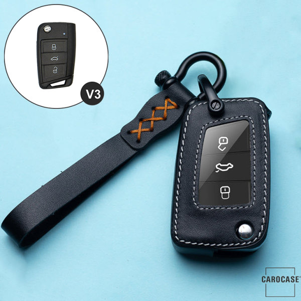 Leather key cover (LEK53) for Volkswagen, Audi, Skoda, Seat keys incl. keyring hook + leather keychain - black