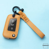 Premium Leder Schlüsselhülle / Schutzhülle (LEK53) passend für Volkswagen, Audi, Skoda, Seat Schlüssel inkl. Karabiner + Lederband - braun