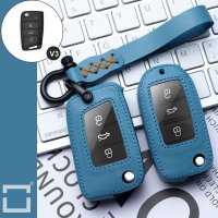 Premium Leder Schlüsselhülle / Schutzhülle (LEK53) passend für Volkswagen, Audi, Skoda, Seat Schlüssel inkl. Karabiner + Lederband - blau
