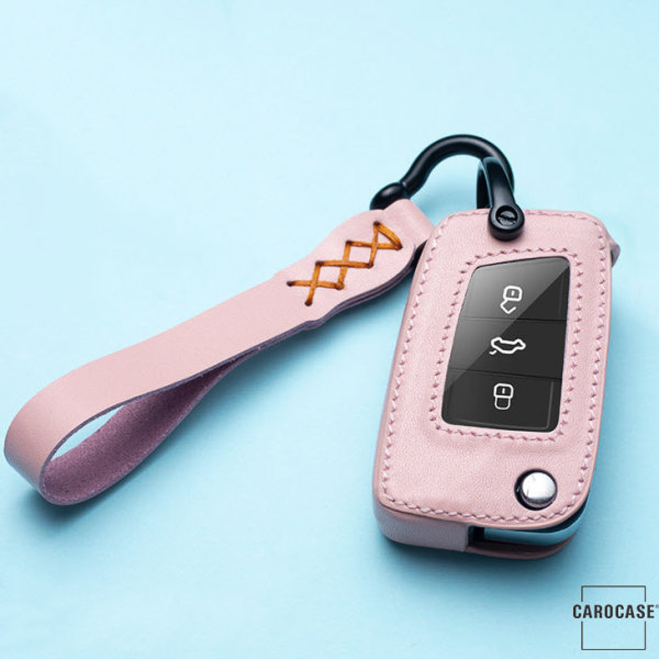 Coque de clé de voiture en cuir (LEK53) compatible avec Volkswagen, Audi, Skoda, Seat clés incl. porte-clés et bracelet en cuir - rose