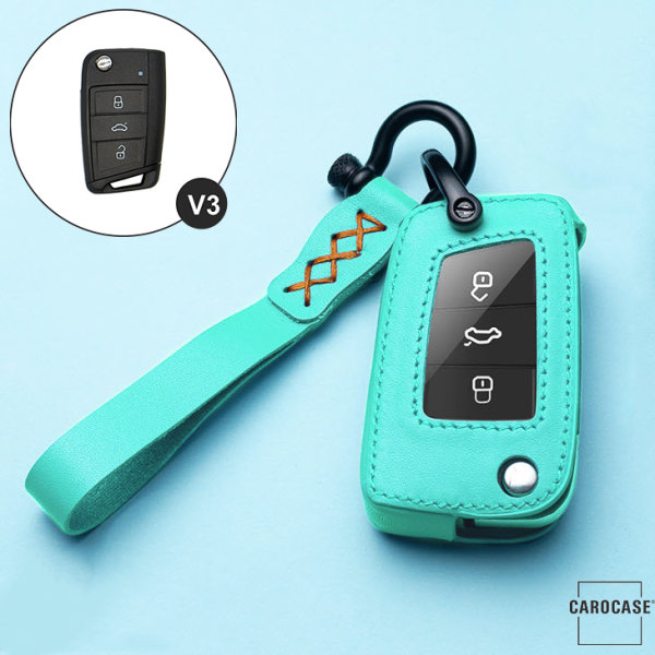 Leather key cover (LEK53) for Volkswagen, Audi, Skoda, Seat keys incl. keyring hook + leather keychain - turquoise