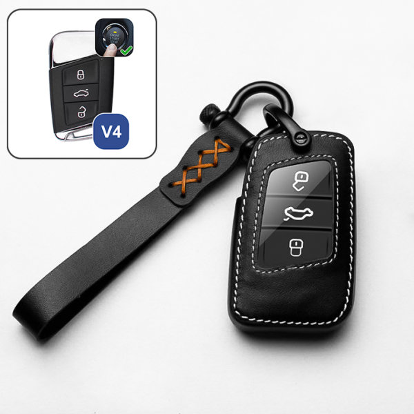 Leather key fob cover case fit for Volkswagen, Skoda, Seat V4 remote key black