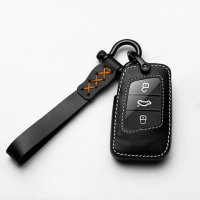 Leder Schlüssel Cover inkl. Lederband & Karabiner passend für Volkswagen, Skoda, Seat Schlüssel schwarz LEK53-V4-1