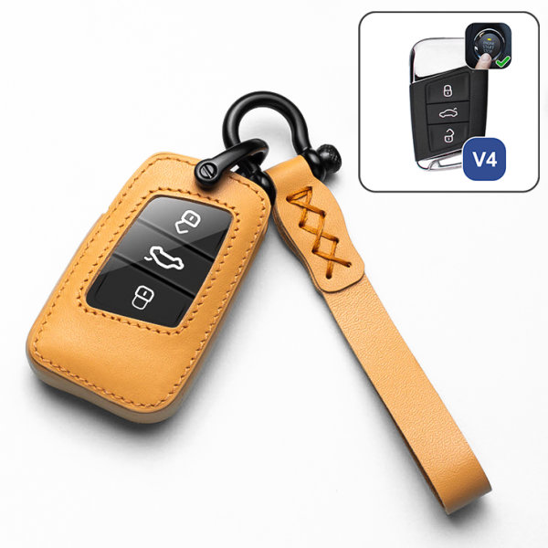 Leder Schlüssel Cover inkl. Lederband & Karabiner passend für Volkswagen, Skoda, Seat Schlüssel braun LEK53-V4-2