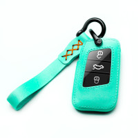 Leder Schlüssel Cover inkl. Lederband & Karabiner passend für Volkswagen, Skoda, Seat Schlüssel türkis LEK53-V4-74