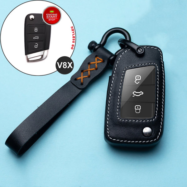 Leather key fob cover case fit for Volkswagen V8X remote key black