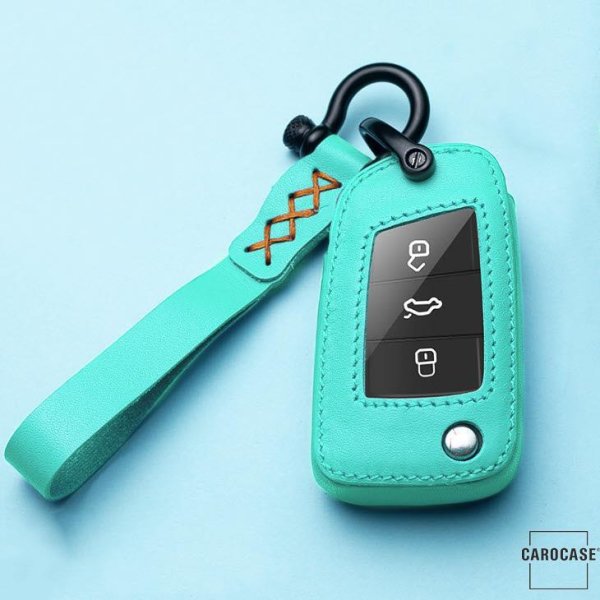 Leather key fob cover case fit for Volkswagen V8X remote key turquoise