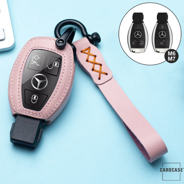 Leder Schlüssel Cover inkl. Lederband & Karabiner passend für Mercedes-Benz Schlüssel  LEK53-M7 rosa