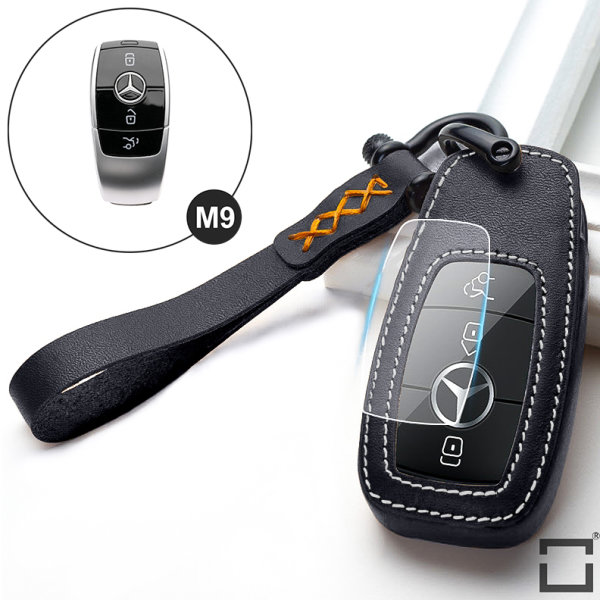Leder Schlüssel Cover inkl. Lederband & Karabiner passend für Mercedes-Benz Schlüssel schwarz LEK53-M9-1