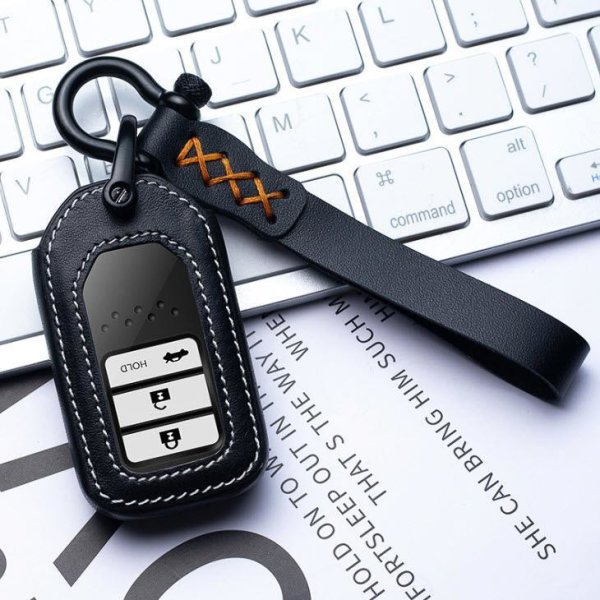 Leather key cover (LEK53) for Honda keys incl. keyring hook + leather keychain - black