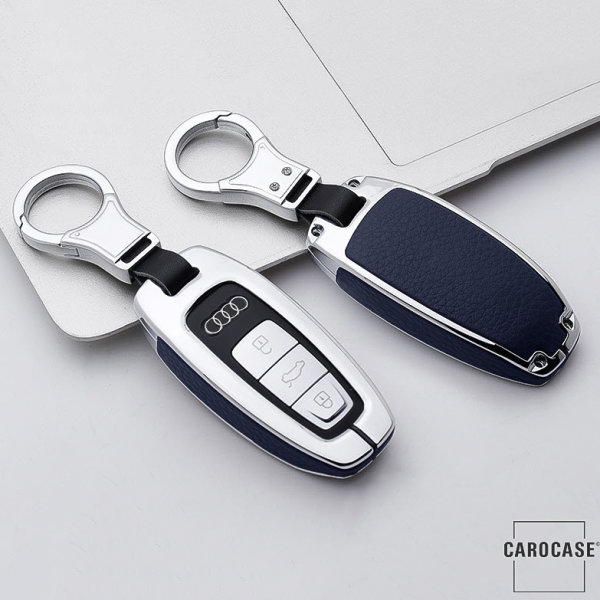 Cover Guscio / Copri-chiave Alluminio, Pelle compatibile con Audi AX7 cromo/blu