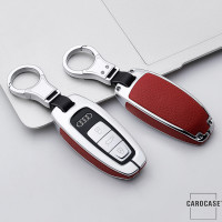 Aluminum, Leather key fob cover case fit for Audi AX7 remote key anthracite/red