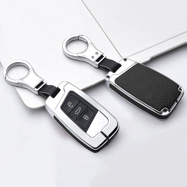 Aluminium, Leder Schlüssel Cover passend für Volkswagen, Skoda, Seat Schlüssel chrom/schwarz HEK15-V4-29