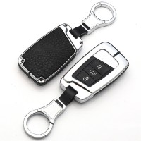 Aluminum, Leather key fob cover case fit for Volkswagen, Skoda, Seat V4 remote key chrome/black