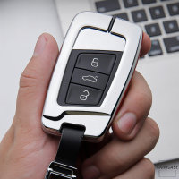 Aluminum, Leather key fob cover case fit for Volkswagen, Skoda, Seat V4 remote key chrome/black