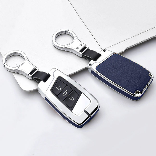 Aluminium, Leder Schlüssel Cover passend für Volkswagen, Skoda, Seat Schlüssel chrom/blau HEK15-V4-49