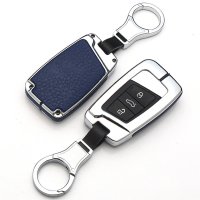 Aluminium, Leder Schlüssel Cover passend für Volkswagen, Skoda, Seat Schlüssel chrom/blau HEK15-V4-49
