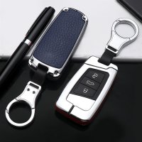Aluminum, Leather key fob cover case fit for Volkswagen, Skoda, Seat V4 remote key chrome/blue
