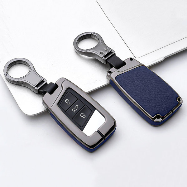 Aluminium, Leder Schlüssel Cover passend für Volkswagen, Skoda, Seat Schlüssel anthrazit/blau HEK15-V4-32