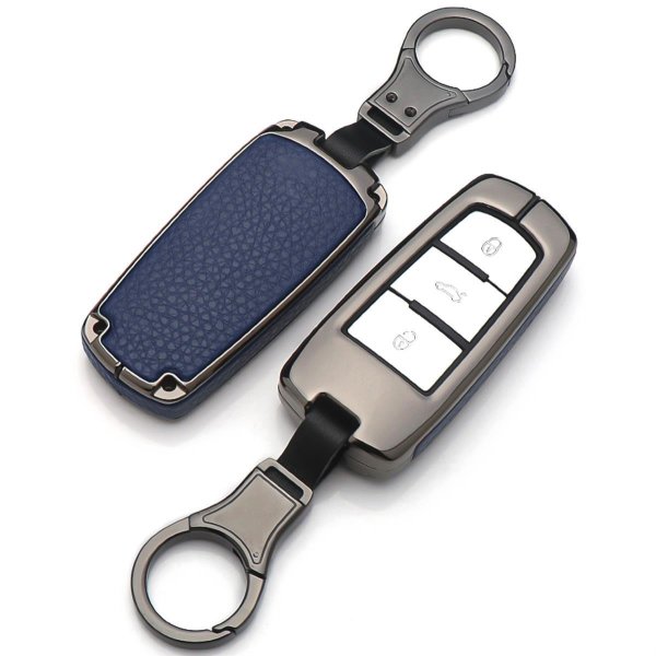 Aluminium, Leder Schlüssel Cover passend für Volkswagen Schlüssel anthrazit/blau HEK15-V6-32
