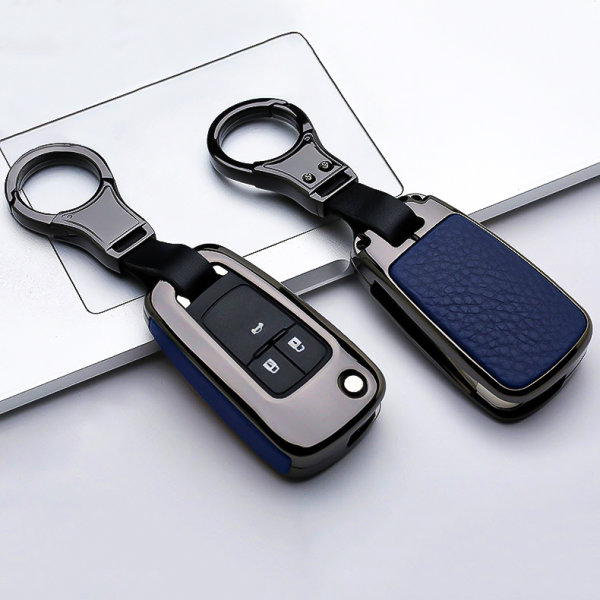 Aluminium, Leder Schlüssel Cover passend für Opel Schlüssel anthrazit/blau HEK15-OP5-32