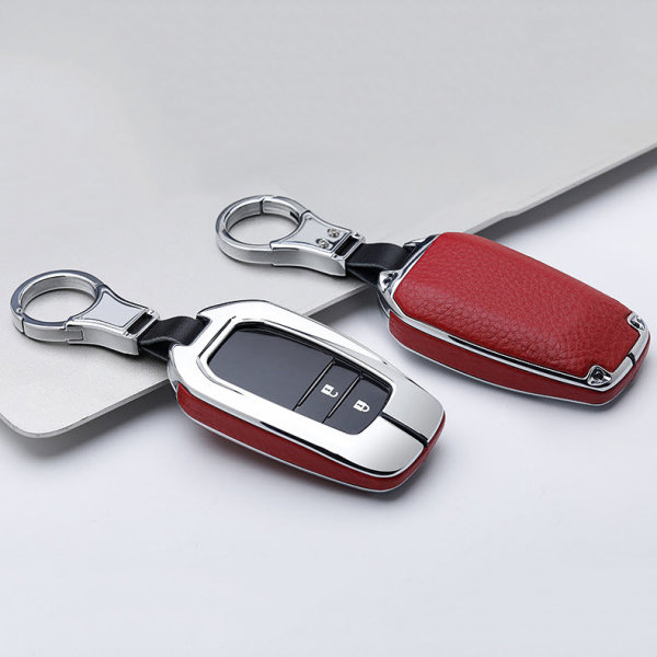 Aluminium, Leder Schlüssel Cover passend für Toyota Schlüssel chrom/rot HEK15-T3-47